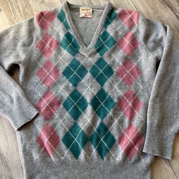 Vintage Alan Paine Women 100% Cashmere Sweater Sz 38 Argyle V-Neck Grey Englandd - Picture 5 of 9